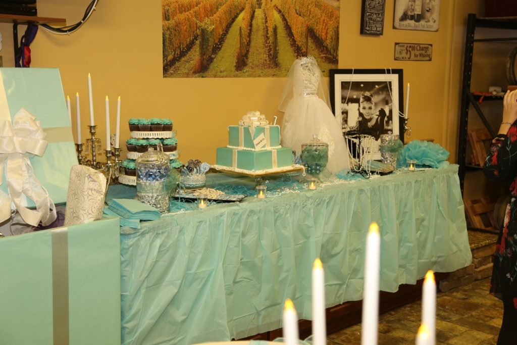image of dessert table with Breakfast at Tiffany's themed Bridal Shower at your own winery