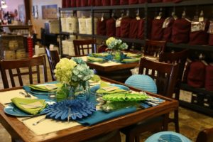 image of elegant silver-blue and green team multi table setting for Your Own Winery Bridal Shower