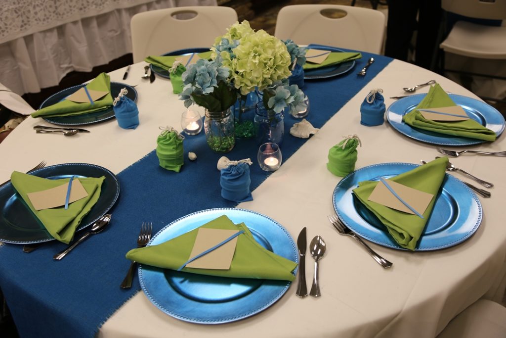 image of beautiful silver-blue and green table setting