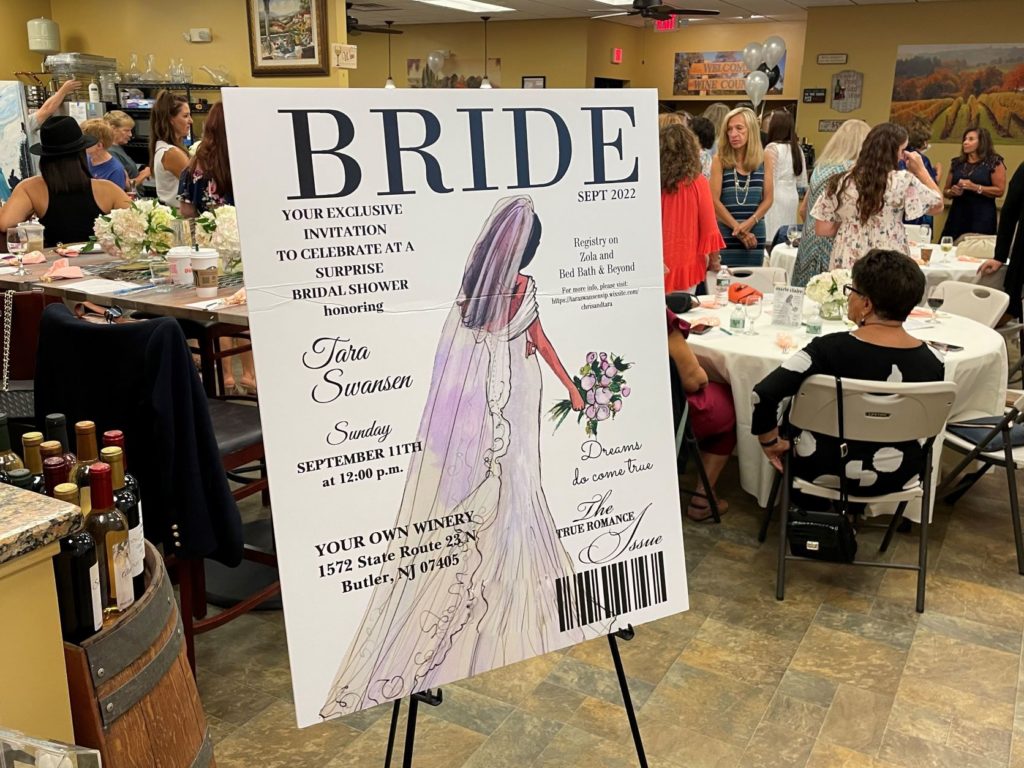 image of bride magazine cover blow-up announcing bridal shower at your own winery September 2022