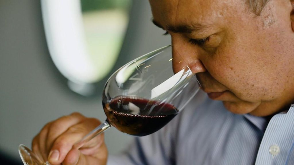 image of man with nose to wine glass to smell the wine for the 3rd S of wine tasting the Smell at your own winery